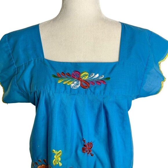 Vintage Embroidered Mexican Shift Dress S Blue Short Sleeves Parrot Square Neck - Picture 2 of 6